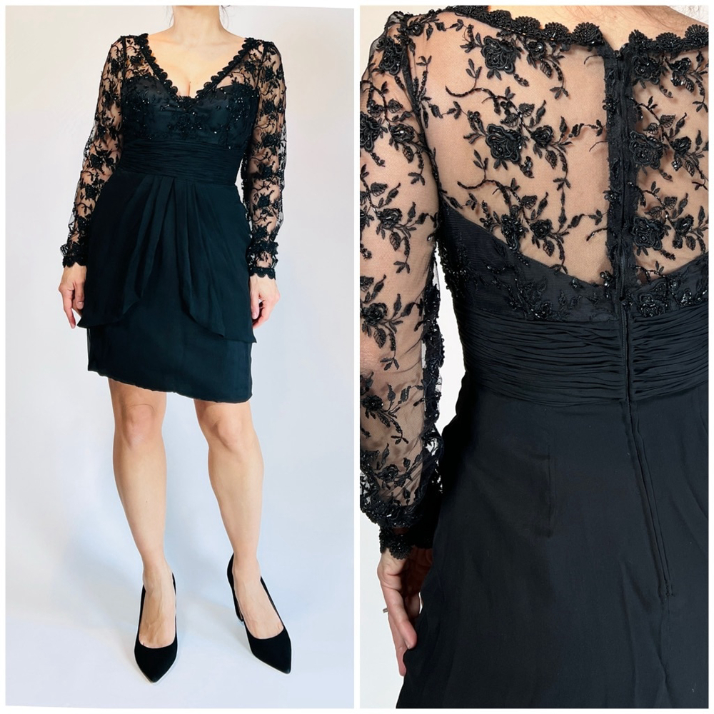 New Vintage Stephen Yearick Evening Black Sleeve Lace Dress Silk Beaded